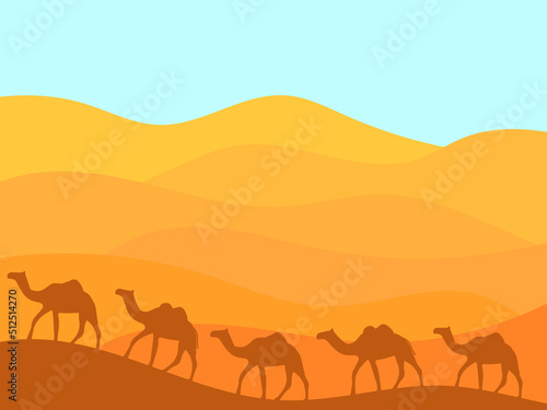 Desert landscape with contours of camels. Camel caravan walks among the sand dunes in a minimalist style. Design for printing booklets, banners and posters. Vector illustration