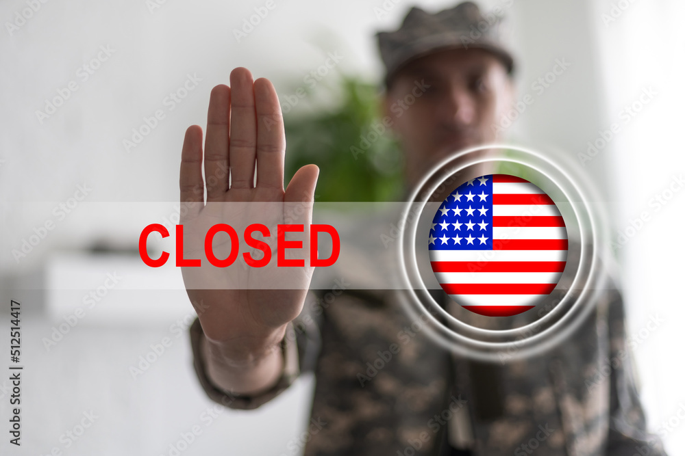 Closed Borders in United States of America. usa flag and inscription