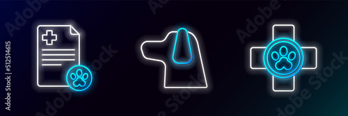 Set line Veterinary clinic symbol, Clipboard with medical clinical record pet and Dog icon. Glowing neon. Vector