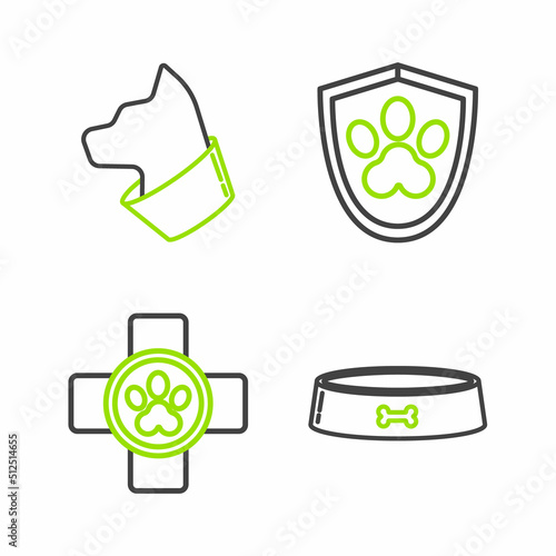Set line Pet food bowl, Veterinary clinic symbol, Animal health insurance and Cat icon. Vector