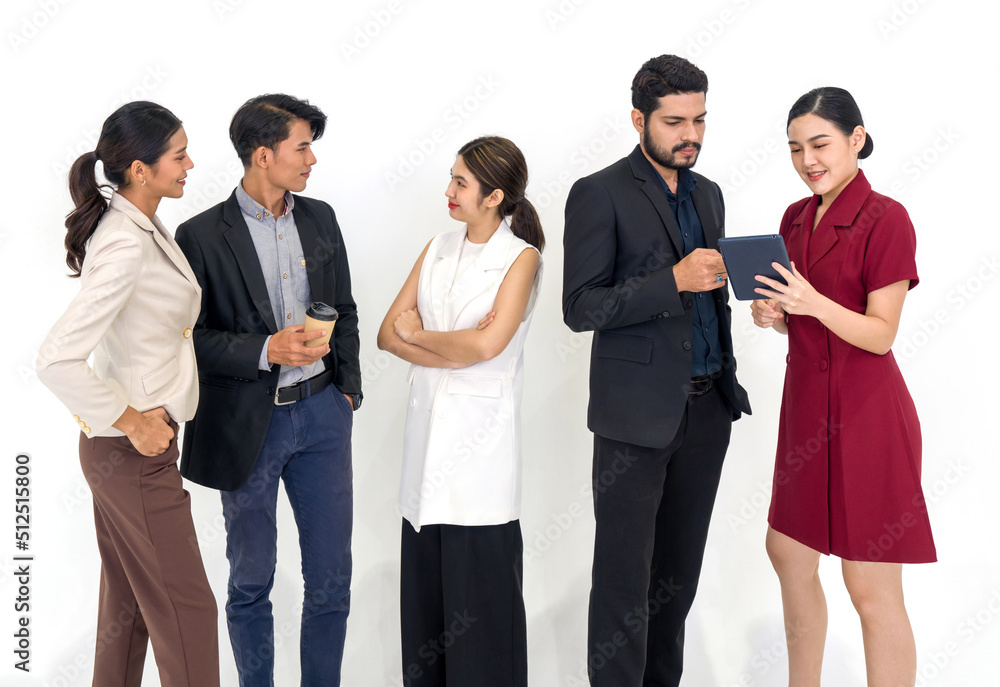 Team of successful young people standing together. Some people drink coffee some people using tablet computer. Portrait on white background with studio light. Team of successful young people standing together. Some people drink coffee some people using tablet computer. Portrait on white background with studio light.