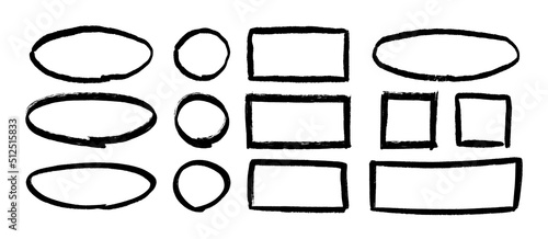 Grunge hand drawn circles, rectangles and ovals. Collection of textured highlight circle and square frames. Doodle circular borders for bullet journal design. Vector illustrations on white background.