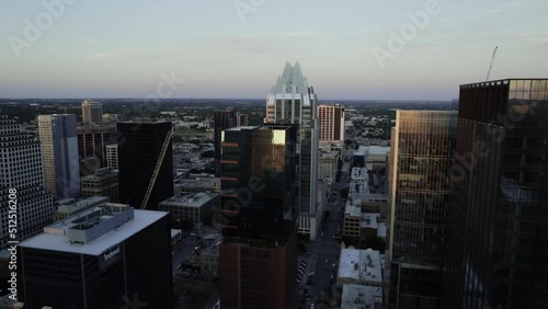 Aerial view towards the 515 Congress building, in Austin, USA, during sunset