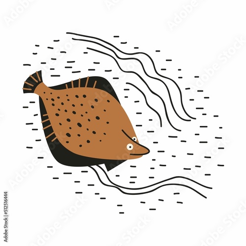 Flounder in aquatic habitat. Sea fish illustration for seafood design. Fish used in cooking. Ready template with flounder for labels. Illustration in the style of flat and contour graphics.