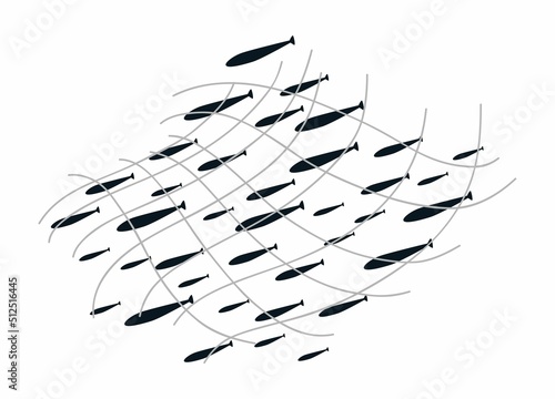 Illustration of a flock of small fish in a fishing net. Fresh seafood for cooking. The silhouette of many fish that are caught on an industrial scale.Template for the design of marine products.