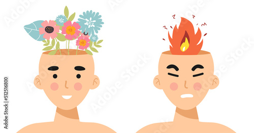 Angry calm man or woman. Head with fire Vector illustration of anger, fury, annoyance. Anger, stressed Burnout, stress, emotional problem abstract concept. Burning brain. flame. flat