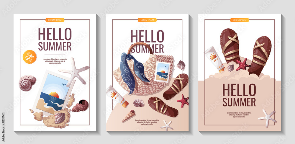Set of summer flyers for beach Holidays, Summer sale, party concept. A4 Vector Illustrations. Banner, flyer, poster, advertising. Set of summer flyers for beach Holidays, Summer sale, party concept. A4 Vector Illustrations. Banner, flyer, poster, advertising.