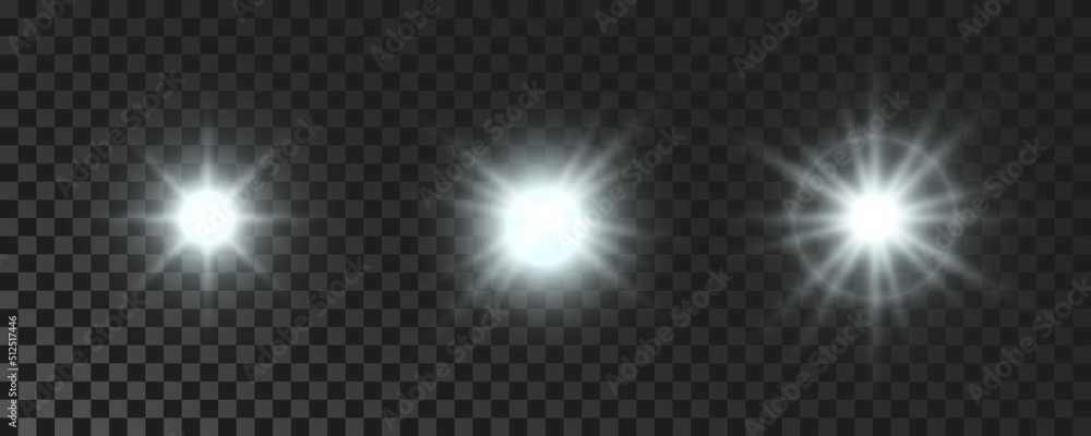 Set of white glowing sparkling stars Set of white glowing sparkling stars