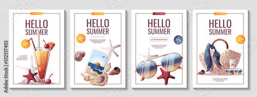 Set of summer flyers for beach Holidays, Summer sale, party concept. A4 Vector Illustrations. Banner, flyer, poster, advertising.