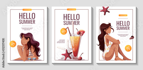Set of flyers with huge fruit cocktail and women. Beach Holidays, Summer vacation, summer sale concept. Vector Illustration for banner, flyer, advertising, cover.