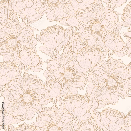 Peony line flower seamless pattern. Hand drawn engraved floral background with botanical rose  peony. Great for invitations  fabric  print  greeting cards decor.