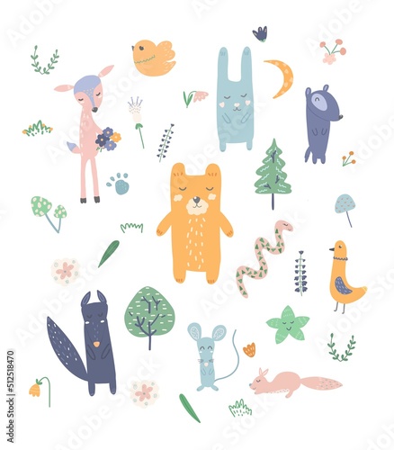 Big set of hand drawn cartoon animals. Vector illustration of animals for children's books, postcards, posters.