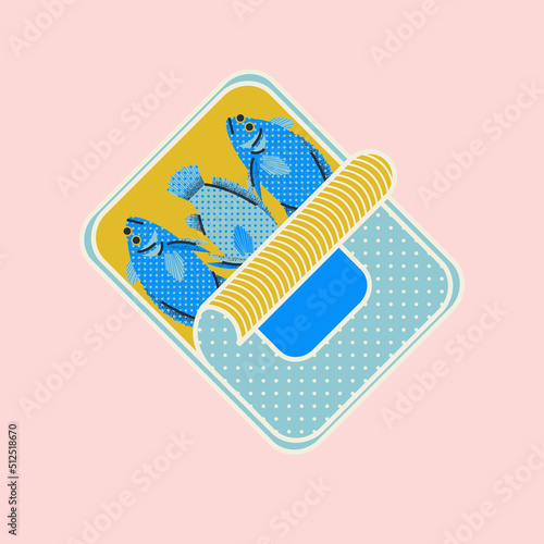 Stylish illustration with a can of sardines. Vector card, print, design with fish