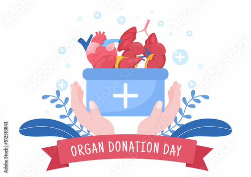 World Organ Donation Day with Kidneys, Heart, Lungs, Eyes or Liver for Transplantation, Saving Lives and Health Care in Flat Cartoon Illustration