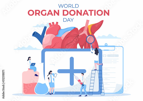 World Organ Donation Day with Kidneys, Heart, Lungs, Eyes or Liver for Transplantation, Saving Lives and Health Care in Flat Cartoon Illustration