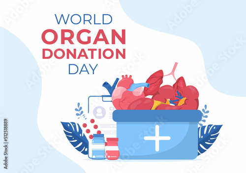 World Organ Donation Day with Kidneys, Heart, Lungs, Eyes or Liver for Transplantation, Saving Lives and Health Care in Flat Cartoon Illustration