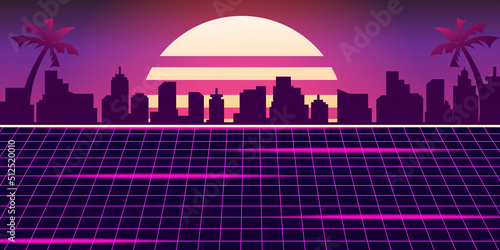 Retro futuristic  retro styled night cityscape with sunset on background.  Vector illustration.