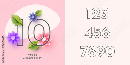 Set 10-years anniversary with floral flowers background