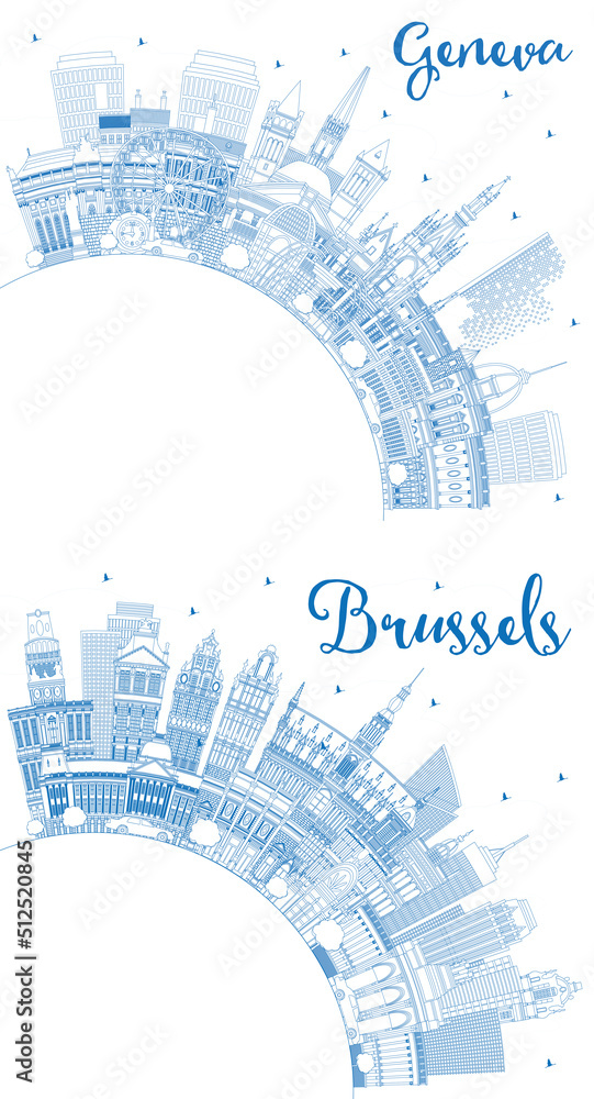 Outline Brussels Belgium and Geneva Switzerland City Skyline Set.