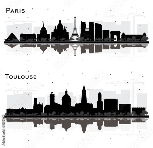 Toulouse and Paris France City Skyline Silhouette Set.