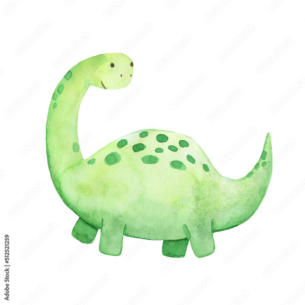 Cute little green baby dinosaur barosaurus. Watercolor drawing illustration isolated on white background. Cute little green baby dinosaur barosaurus. Watercolor drawing illustration isolated on white background.