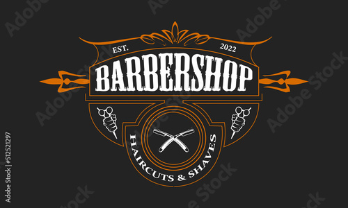 Barbershop logo design. Vintage lettering on a dark background with a skull. All objects, text are in separate groups.
