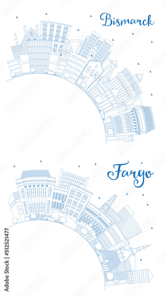 Outline Fargo and Bismarck North Dakota City Skyline Set with Blue Buildings and Copy Space.