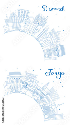 Print op canvas Outline Fargo and Bismarck North Dakota City Skyline Set with Blue Buildings and Copy Space