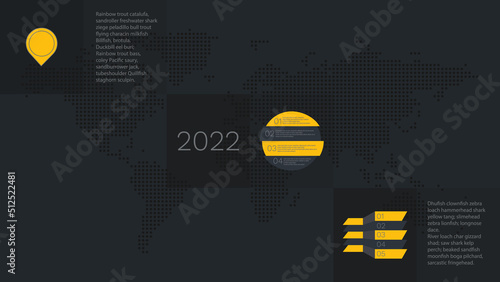 Vector infographic elements for business, presentation, web design, landing page, template, sample text. 4 and 5 steps with world map dotted background. Gray yellow illustration