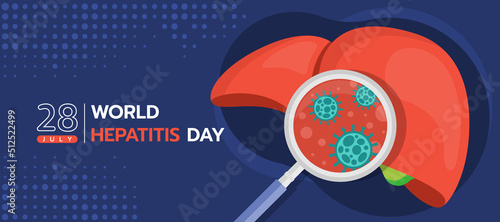 world hepatitis day - magnifier zoom virus in liver on purple background vector design