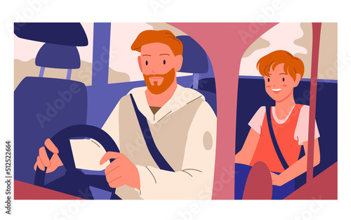 Happy family trip in car vector illustration. Cartoon father holding steering wheel and driving vehicle on road, son sitting in back seat with seat belt, passenger and driver inside car background