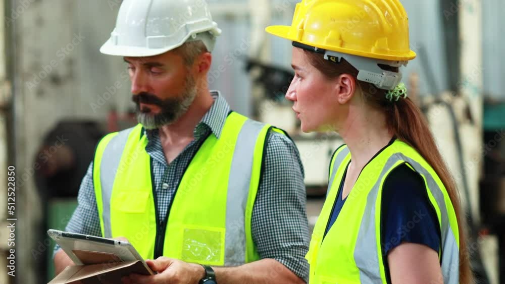Portrait Caucasian professional Engineer factory. Engineering working with team and digital tablet computer in safety hardhat at factory industrial facilities. Portrait Caucasian professional Engineer factory. Engineering working with team and digital tablet computer in safety hardhat at factory industrial facilities.