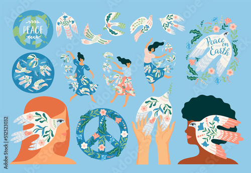Peace on Earth. Woman and dove of peace. Vector set. Illustration for card, poster, flyer and other