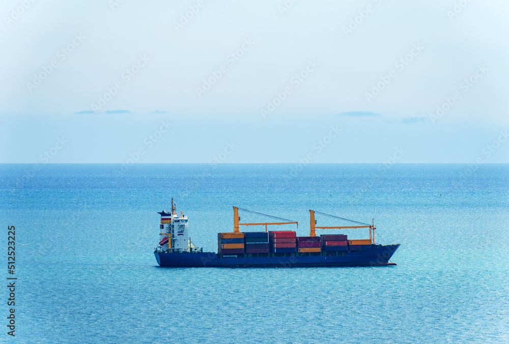 Merchant container ship in the Mediterranean Sea, Gulf of La Spezia, Liguria, Italy, Europe.