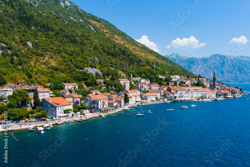 Fototapeta Naklejka Na Ścianę i Meble -  Perast. An ancient town in Montenegro on the shores of the Bay of Kotor of the Adriatic Sea. Drone. Aerial view