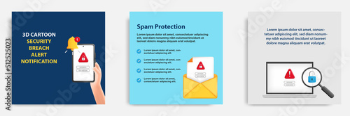 Social media tutorial, tips post banner layout template in 3D cartoon style. Security breach notification concept. Vector design illustration