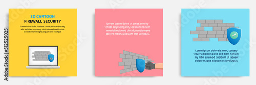 Social media tutorial, tips post banner layout template in 3D cartoon style. Firewall security protection concept. Vector design illustration