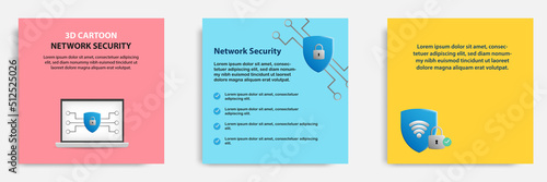 Social media tutorial, tips post banner layout template in 3D cartoon style. Network security concept. Vector design illustration