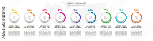 Vector circular infographic design with pie chart. Business presentation and infographics with 9 steps. Graphic timeline for app, website, interface, levels, diagram, banner, presentations