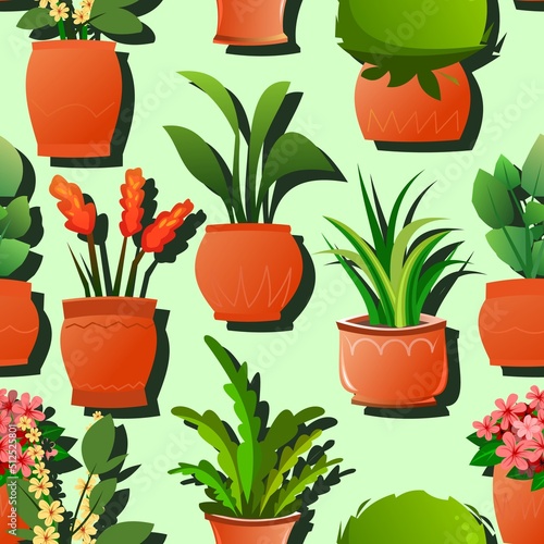 Indoor plants and flowers. In ceramic pots. Homemade beautiful herbs. Cartoon fun style. Seamless pattern. Vector