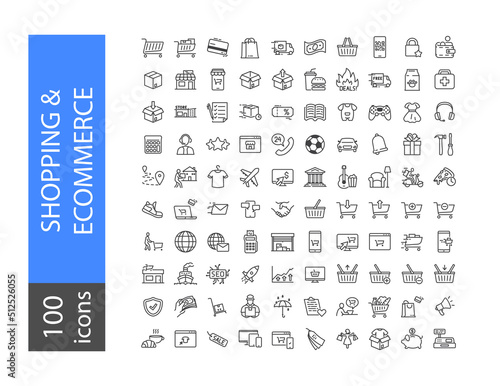 Set of Shopping and Ecommerce Line Icons. Contains such Icons as Delivery Service, Coffee Break, SEO, Cart, Email Marketing, Website, Werehouse, Start Up etc. Editable stroke 64X64 Pixel Perfect photo