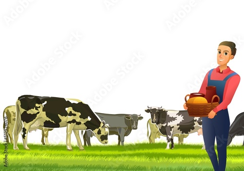 Boy farmer with basket. Cows are grazing. Rural landscape hills. Green pasture grass. Summer view. Farm milk and dairy products. Isolated on white background. Cartoon flat style design. Vector