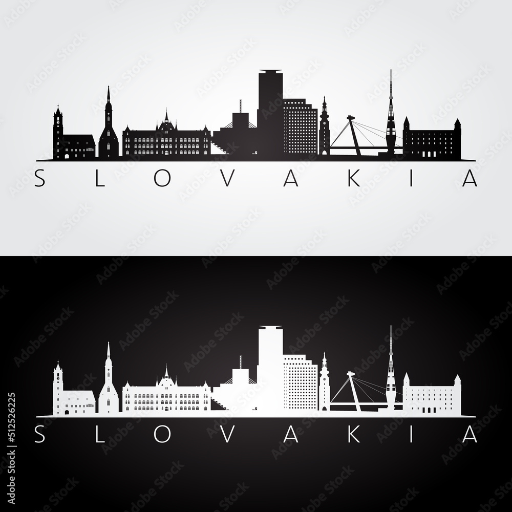 Slovakia skyline and landmarks silhouette, black and white design, vector illustration.