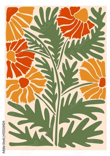 Abstract blossom print in naive art style. Trendy floral retro poster.  Seventies, groovy background. Decorative contemporary botanical elements. Hippie Aesthetic. Hand-drawn vector Illustration