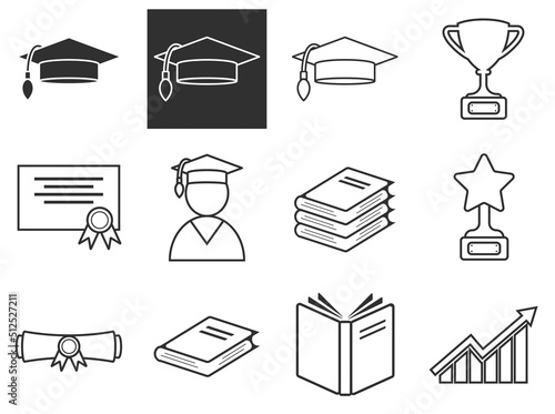 Education icons set. Detailed set of education element icons book, graduation cap, magazine, up arrows, graduation hat, diploma