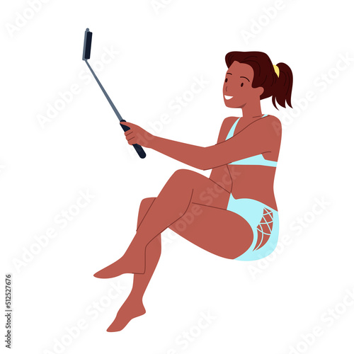 Beautiful girl in bikini making beach selfie vector illustration. Cartoon isolated female character in swimsuit sitting, holding stick with mobile phone and taking self photo to share in social media