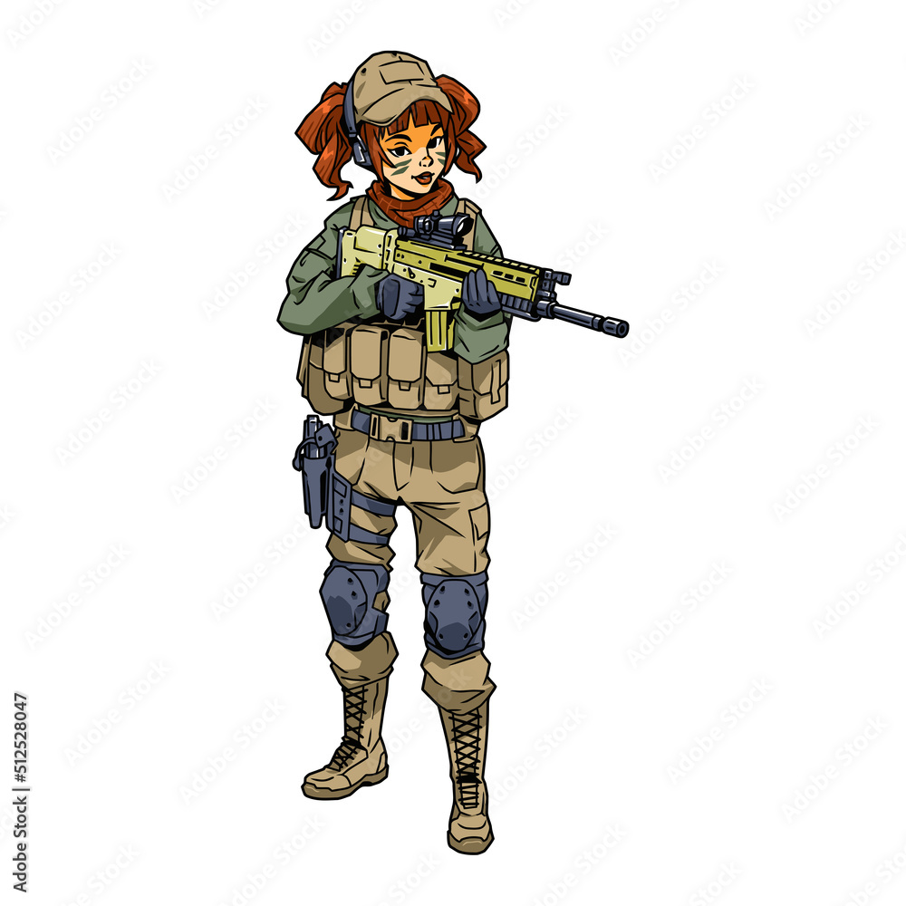 Military redhead girl with modern gun, vector, logo, cartoon, illustration, mascot, character Military redhead girl with modern gun, vector, logo, cartoon, illustration, mascot, character