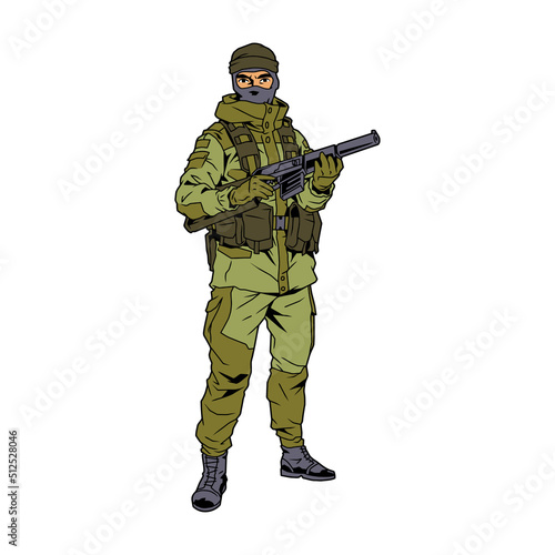 Military volunteer in balaclava with gun, vector, logo, cartoon, illustration,  mascot, character