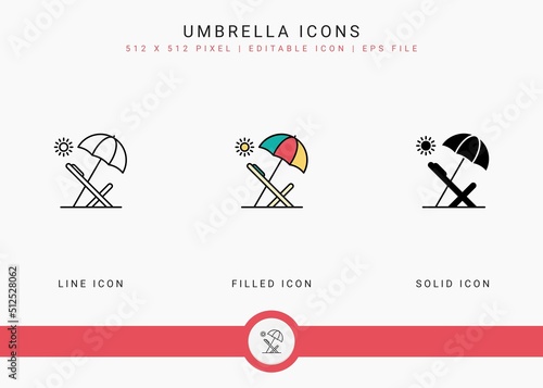 Umbrella icons set vector illustration with solid icon line style. Sunscreen shield concept. Editable stroke icon on isolated white background for web design, user interface, and mobile application