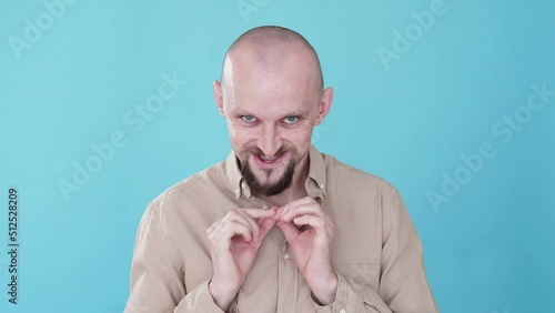 Evil plan. Exciting expectation. Boomerang animation. Tricky revenge. Curious sneaky sly funny man smirking waiting tenting fingers gif loop isolated on blue empty space background.